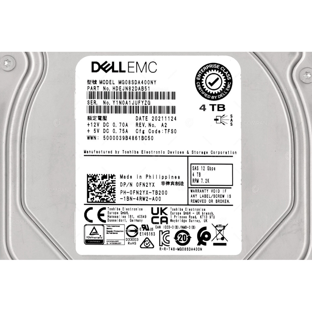 FN2YX DELL HARD DRIVE 4TB 12G 7.2K SAS 3.5 LFF G11 G12 G13 0FN2YX, MG08SDA400NY